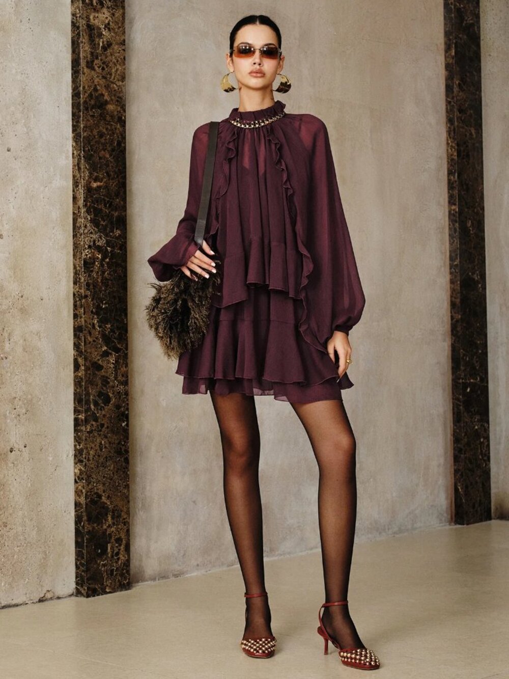 Tiered Ruffle Chiffon Mini Dress Set with Liner - Commense - Picture 2 of 6